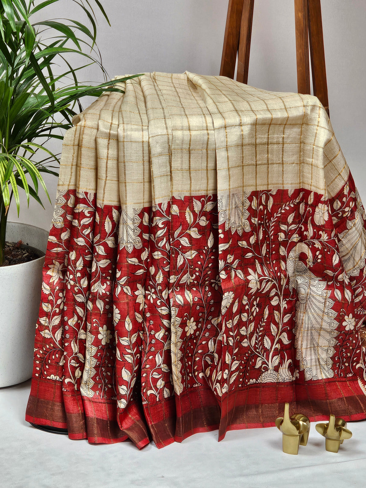 Pure Tussar Checks - Cream with Red