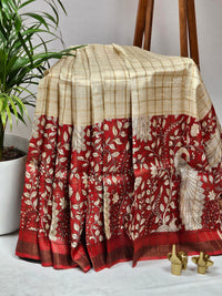 Pure Tussar Checks - Cream with Red