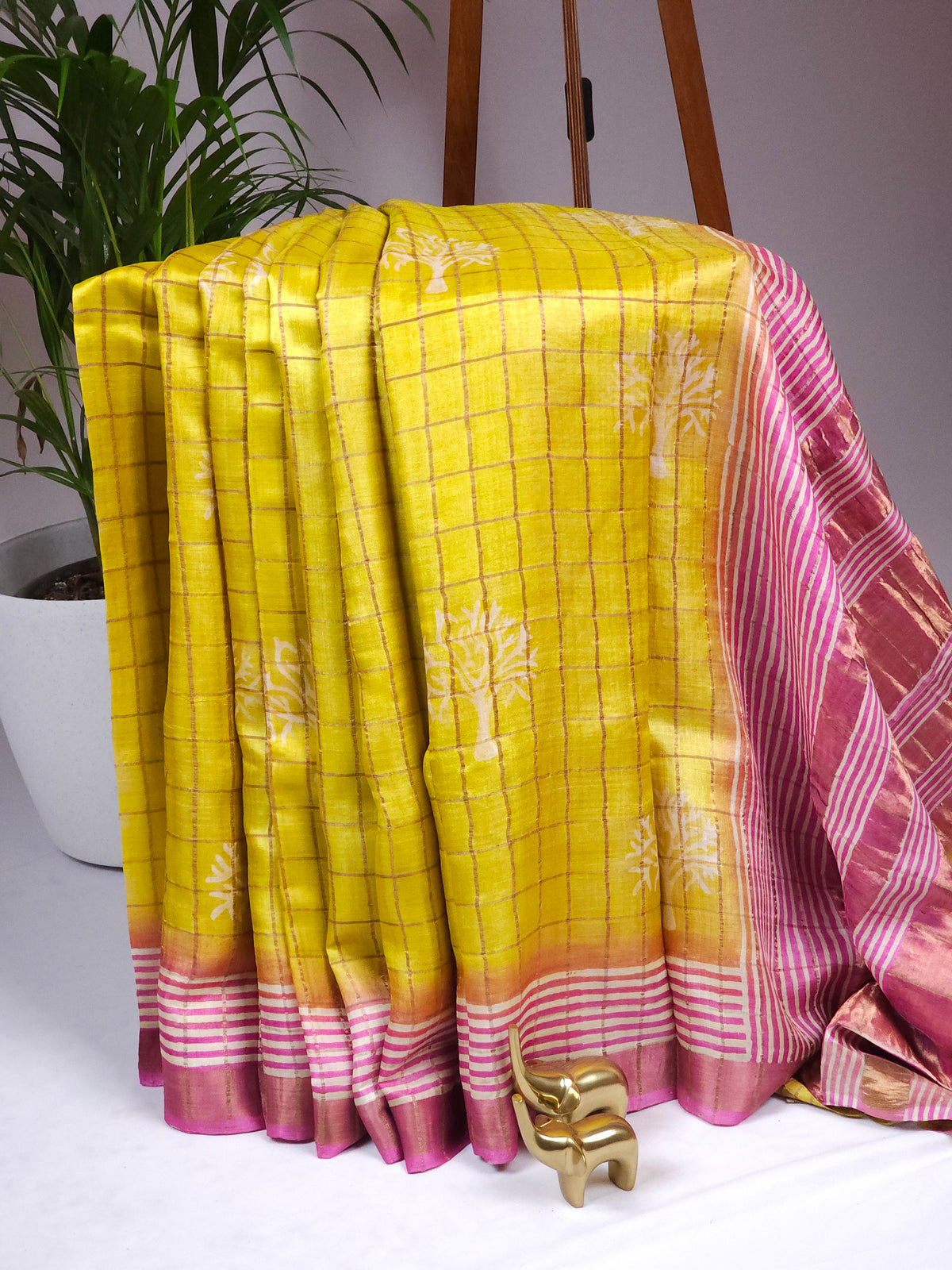 Pure Tussar Checks - Yellow with Pink