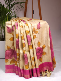 Pure Tussar Silk with Hand Paint - Tussar with Pink