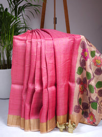 Pure Tussar Checks - Peachish Pink