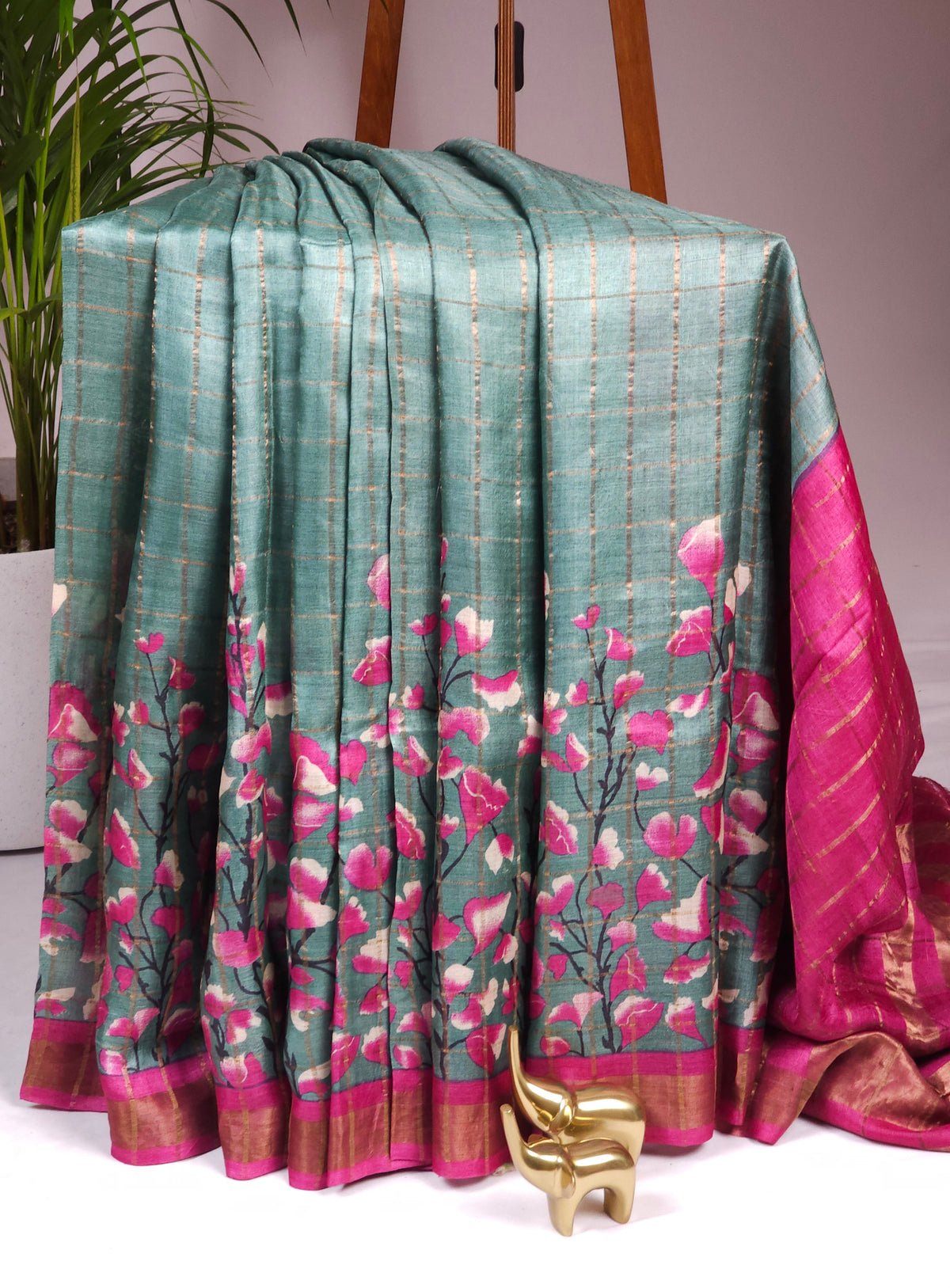 Pure Tussar Checks - Dark Green with Pink