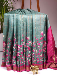 Pure Tussar Checks - Dark Green with Pink