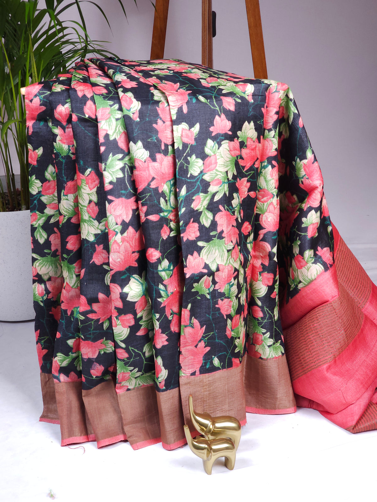 Pure Tussar Silk Saree with Zari Border - Black with Peach