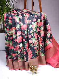 Pure Tussar Silk Saree with Zari Border - Black with Peach