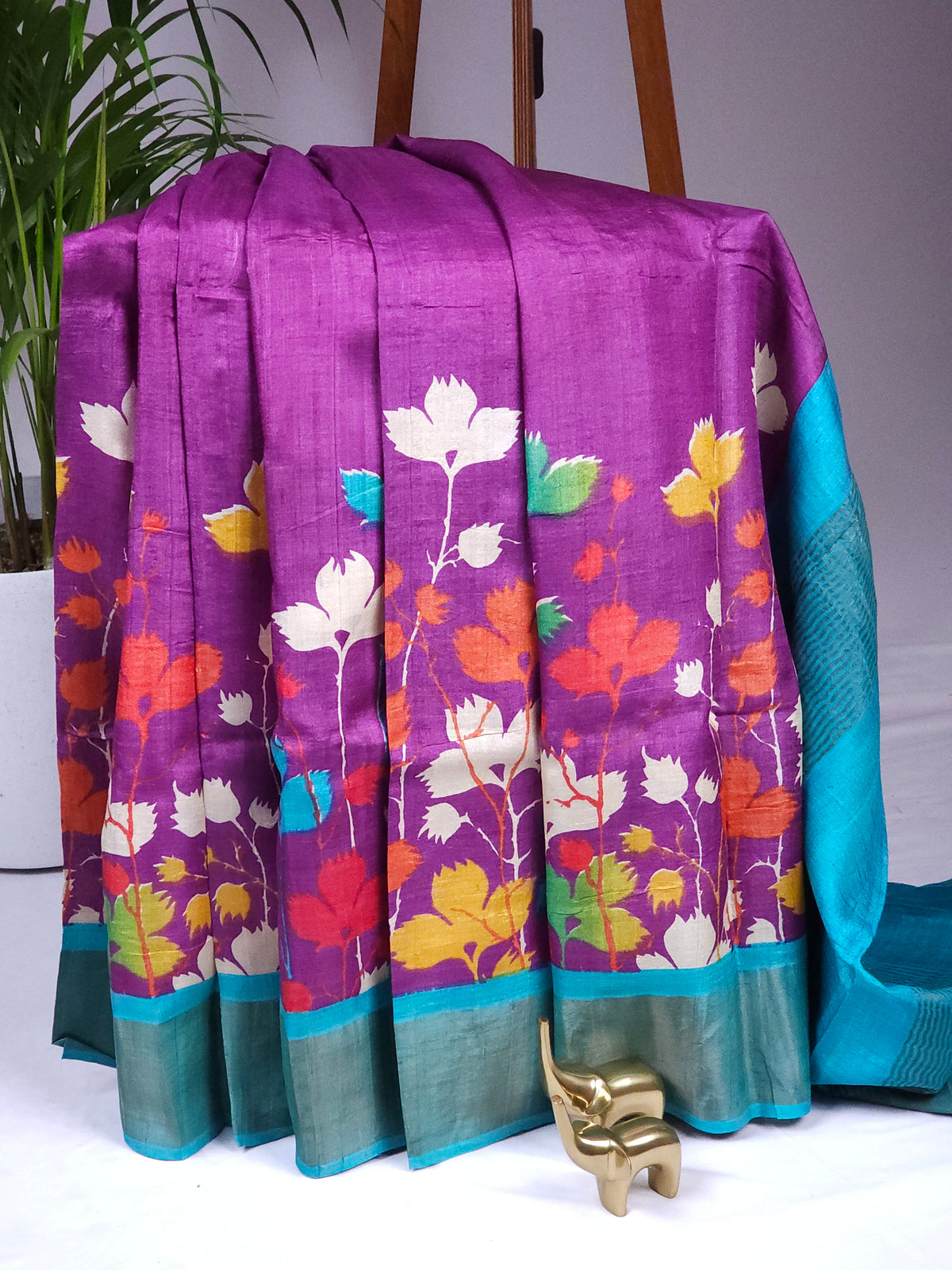Pure Tussar Silk Saree with Zari Border - Purple with Blue