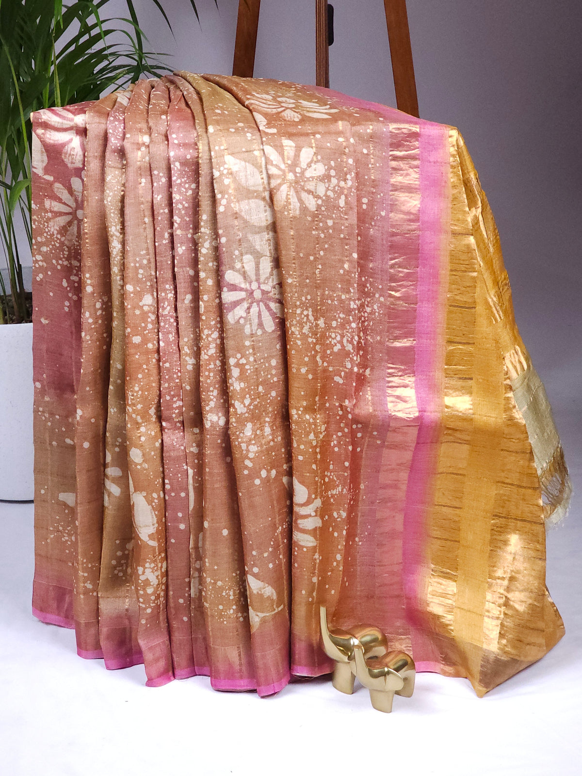 Pure Tussar Checks - Brown with Yellow