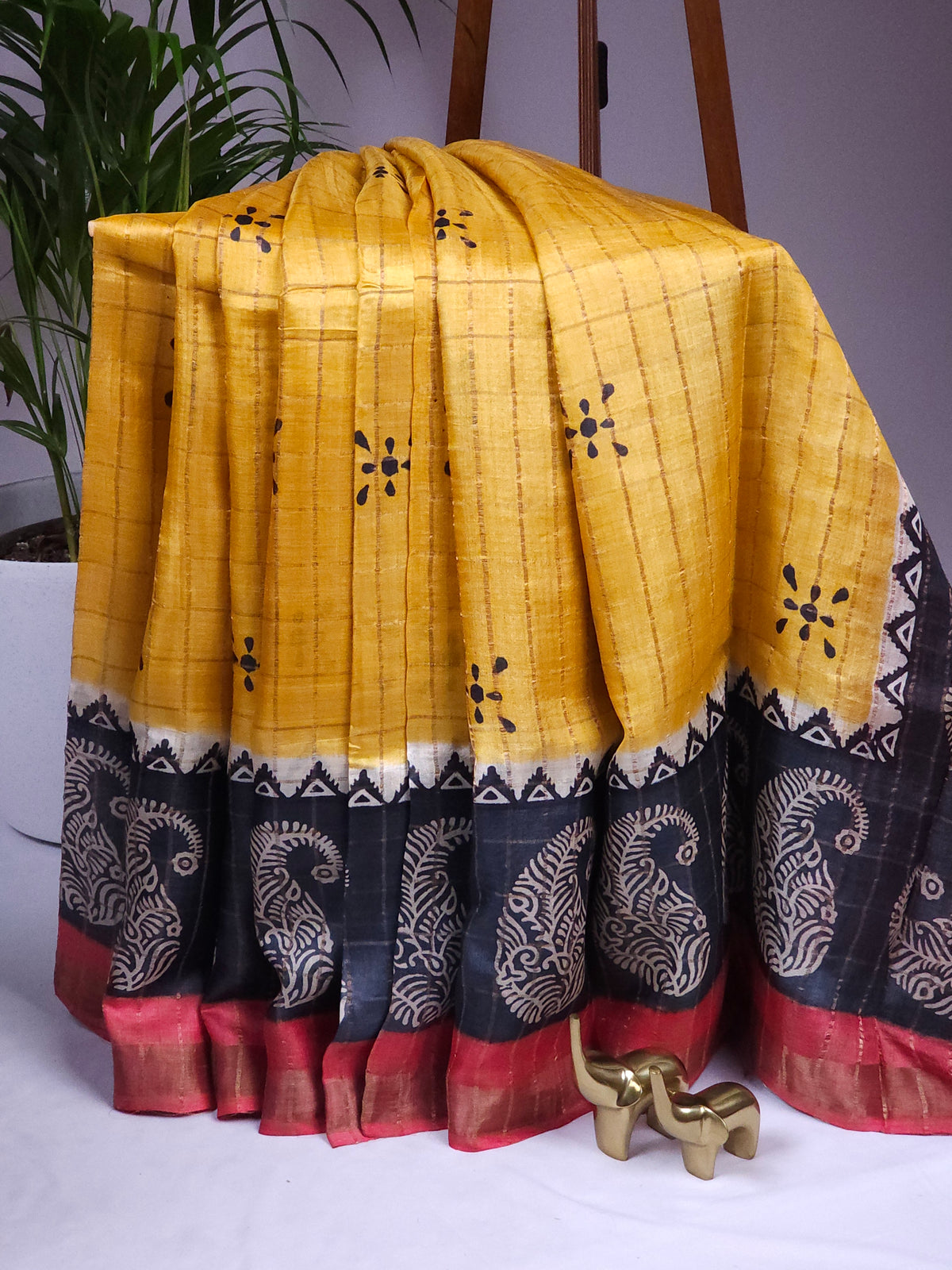 Pure Tussar Checks - Yellow with Red