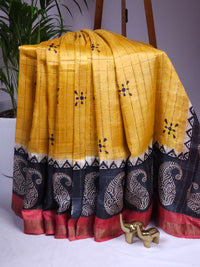 Pure Tussar Checks - Yellow with Red