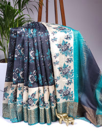 Pure Tussar Silk Saree with Zari Border - Black with Blue