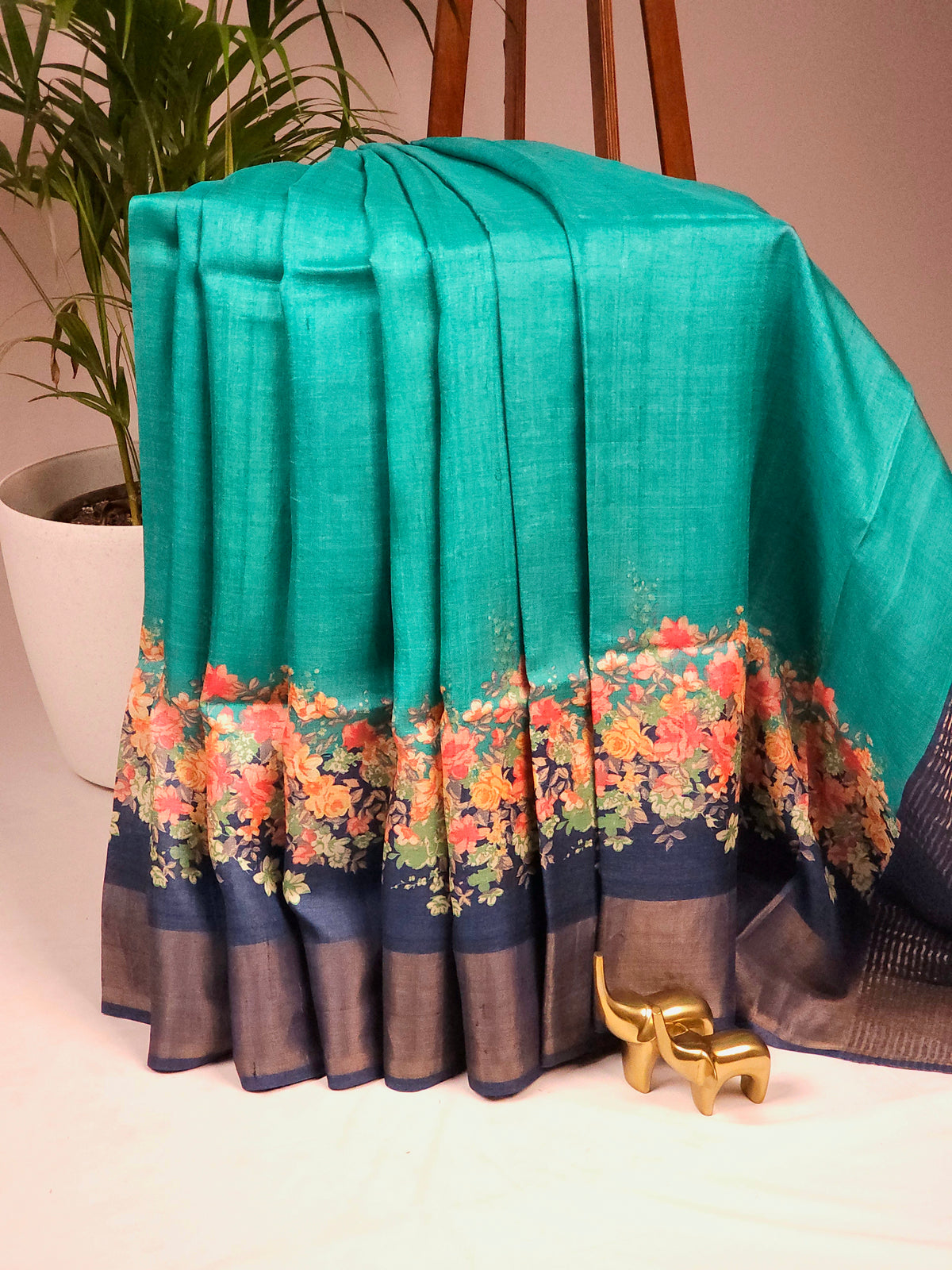 Pure Tussar Silk Saree with Zari Border - Sea Green with Blue