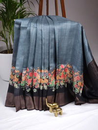 Pure Tussar Silk Saree with Zari Border - Grey with Black