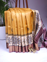 Pure Tussar Silk Saree with Zari Border - Yellow with Onion Pink