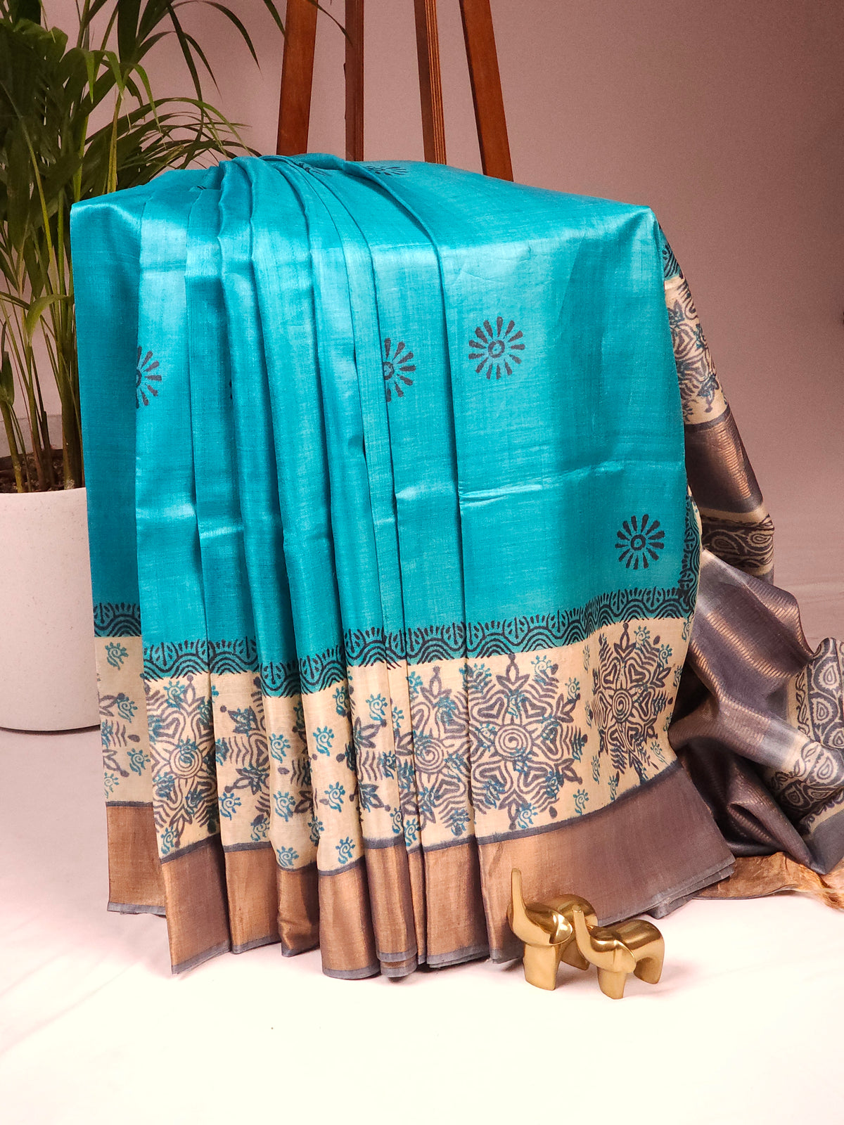 Pure Tussar Silk Saree with Zari Border - Blue with Grey