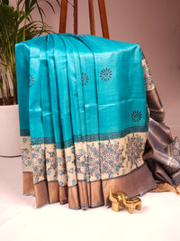 Pure Tussar Silk Saree with Zari Border - Blue with Grey