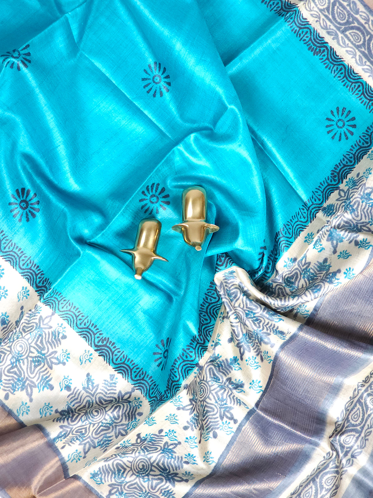 Pure Tussar Silk Saree with Zari Border - Blue with Grey