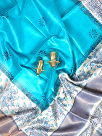 Pure Tussar Silk Saree with Zari Border - Blue with Grey