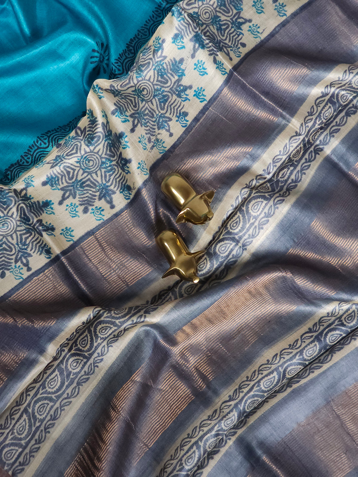 Pure Tussar Silk Saree with Zari Border - Blue with Grey