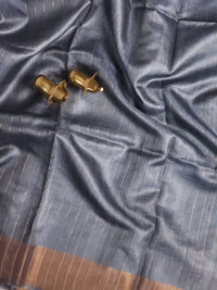 Pure Tussar Silk Saree with Zari Border - Blue with Grey