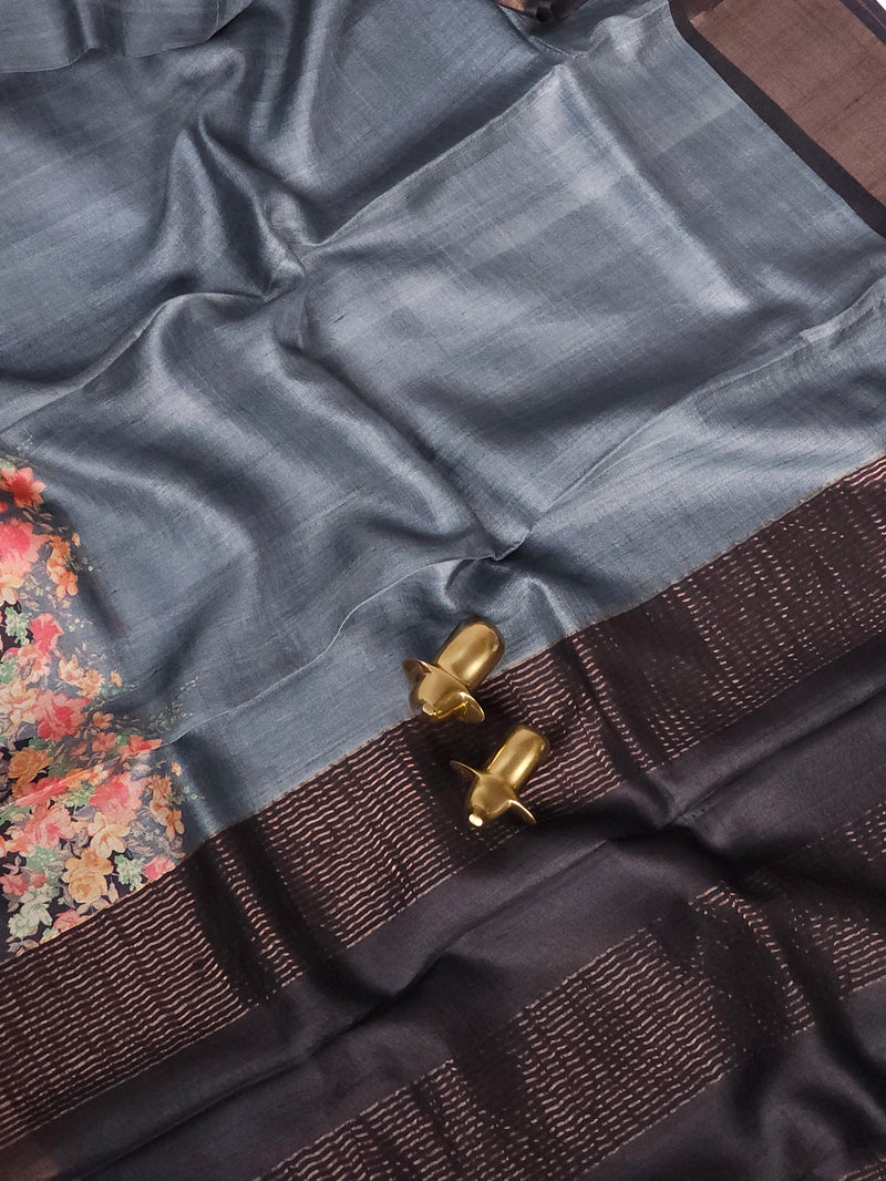 Pure Tussar Silk Saree with Zari Border - Grey with Black