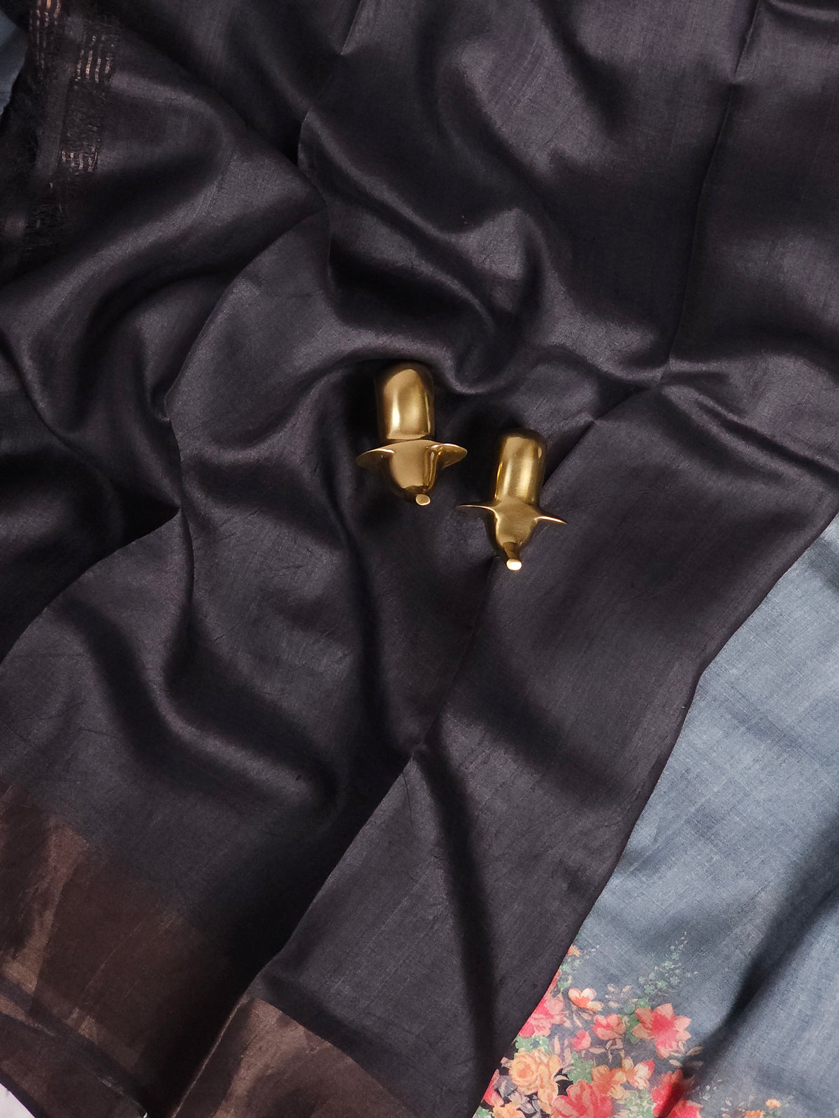 Pure Tussar Silk Saree with Zari Border - Grey with Black