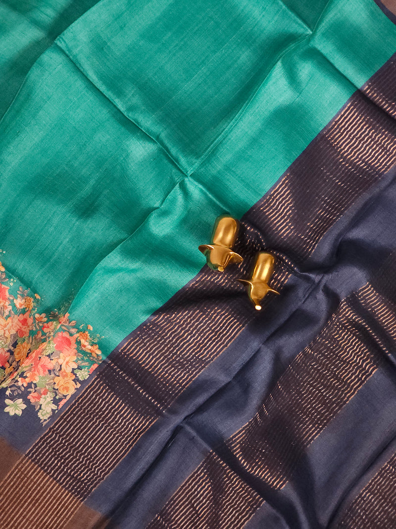 Pure Tussar Silk Saree with Zari Border - Sea Green with Blue