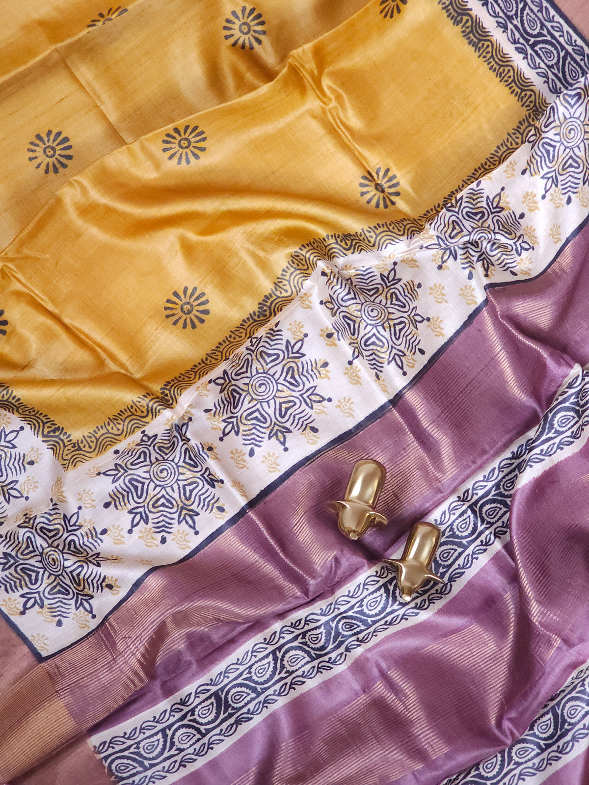 Pure Tussar Silk Saree with Zari Border - Yellow with Onion Pink