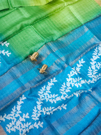 Pure Tussar Checks - Green with Blue