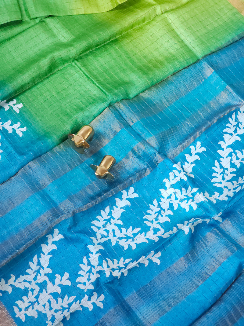 Pure Tussar Checks - Green with Blue