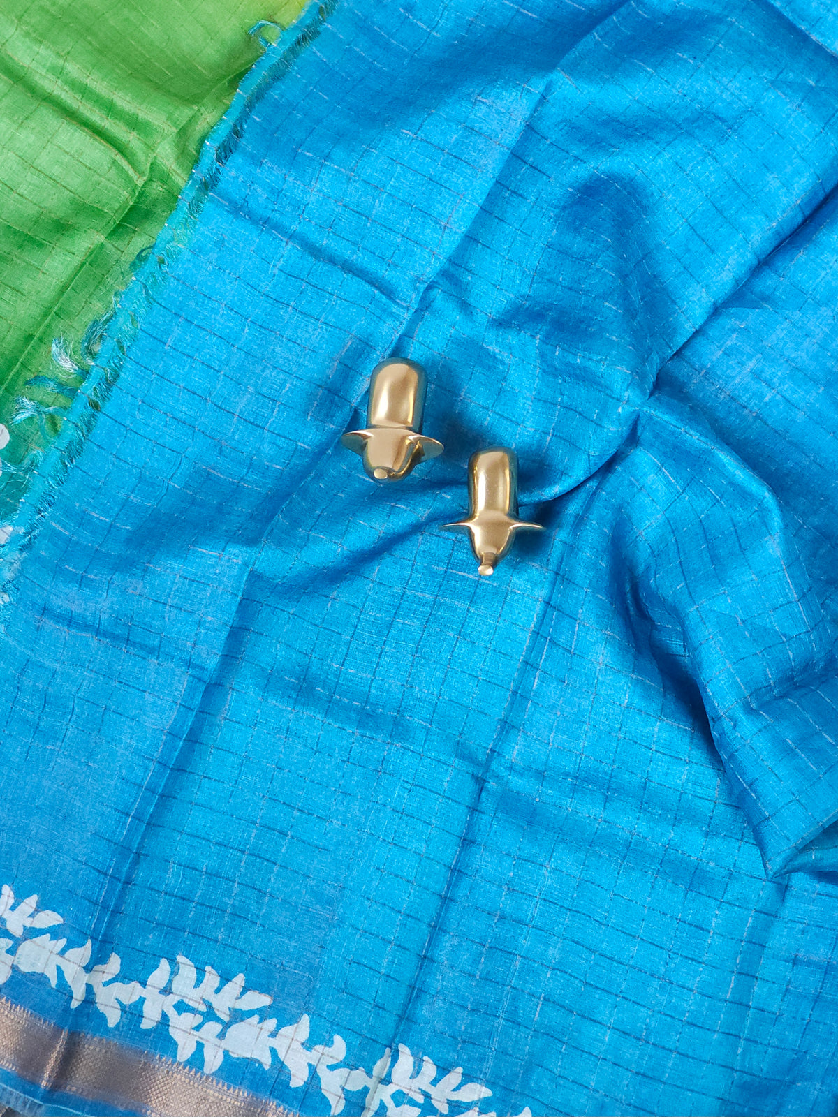 Pure Tussar Checks - Green with Blue