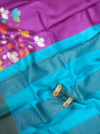 Pure Tussar Silk Saree with Zari Border - Purple with Blue