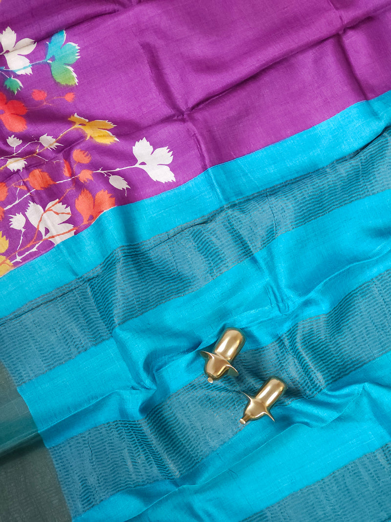Pure Tussar Silk Saree with Zari Border - Purple with Blue