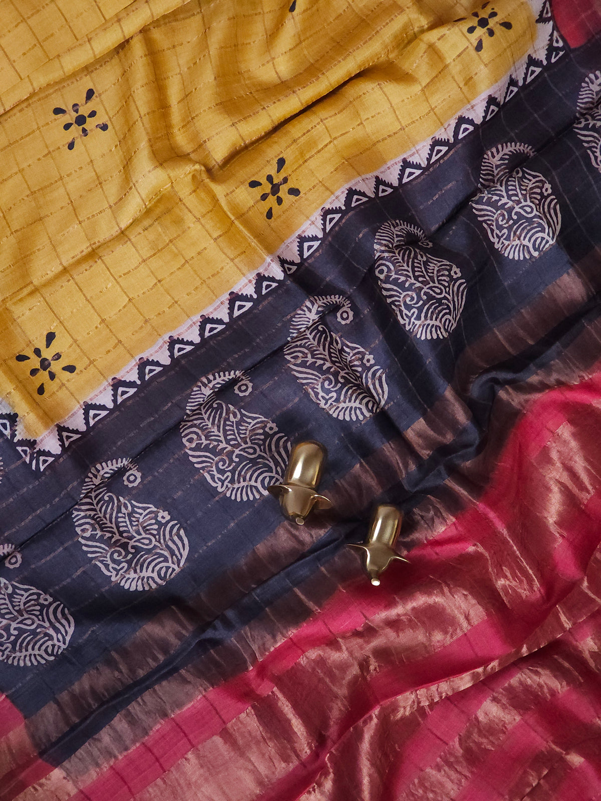 Pure Tussar Checks - Yellow with Red