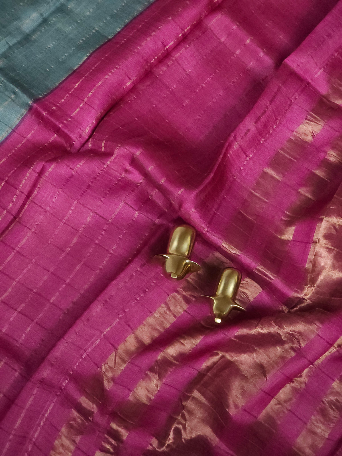 Pure Tussar Checks - Dark Green with Pink