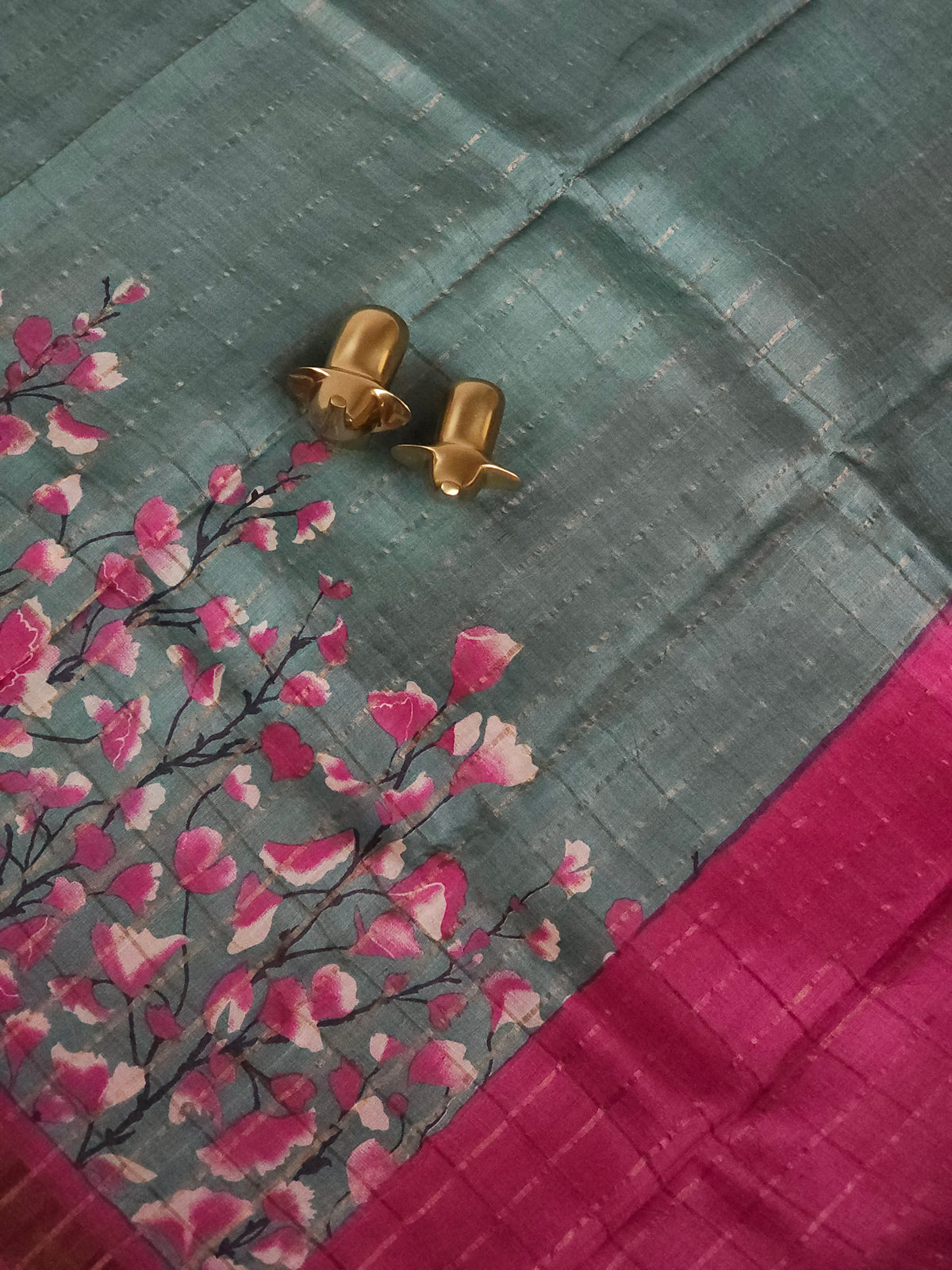 Pure Tussar Checks - Dark Green with Pink