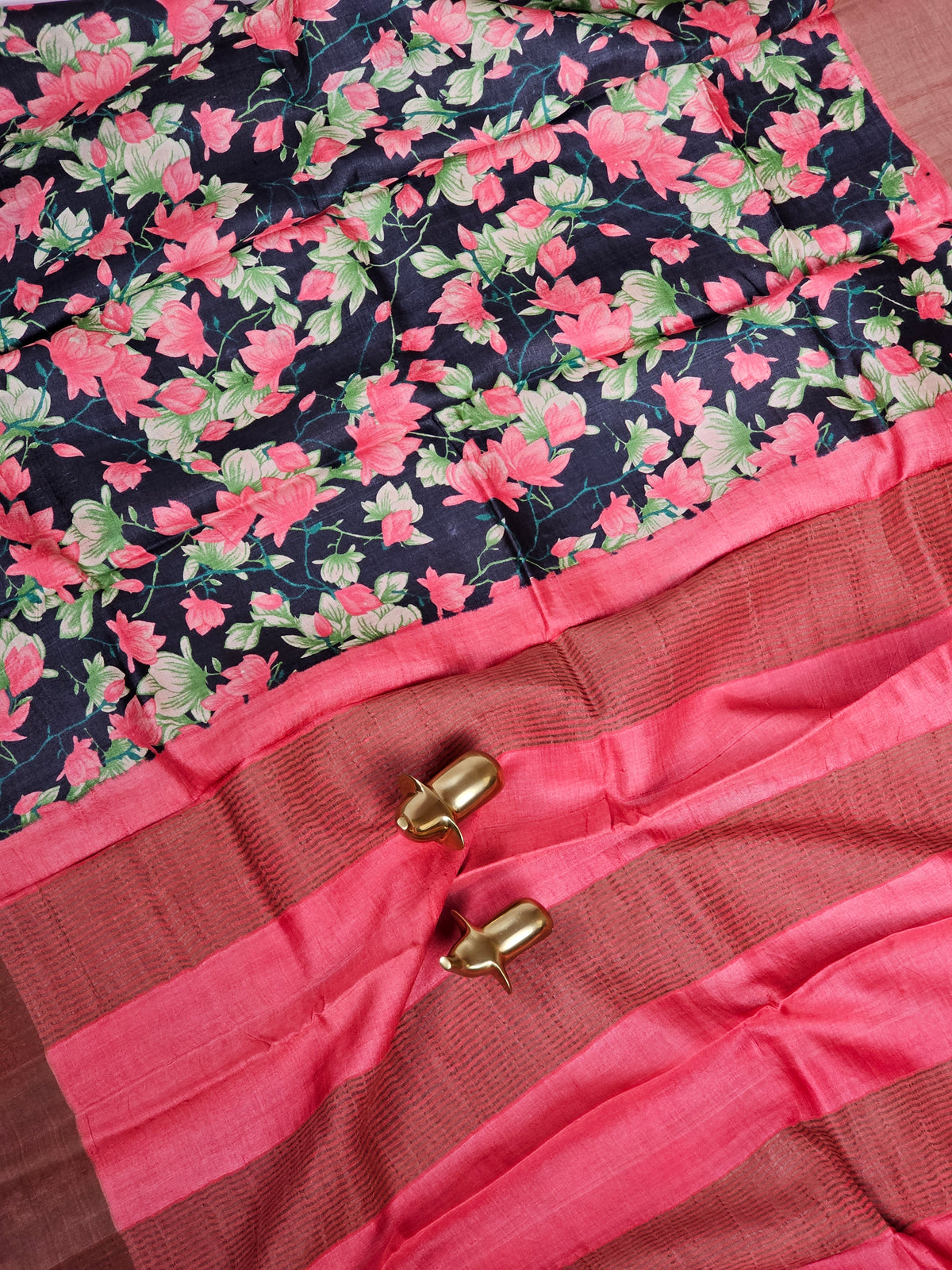 Pure Tussar Silk Saree with Zari Border - Black with Peach