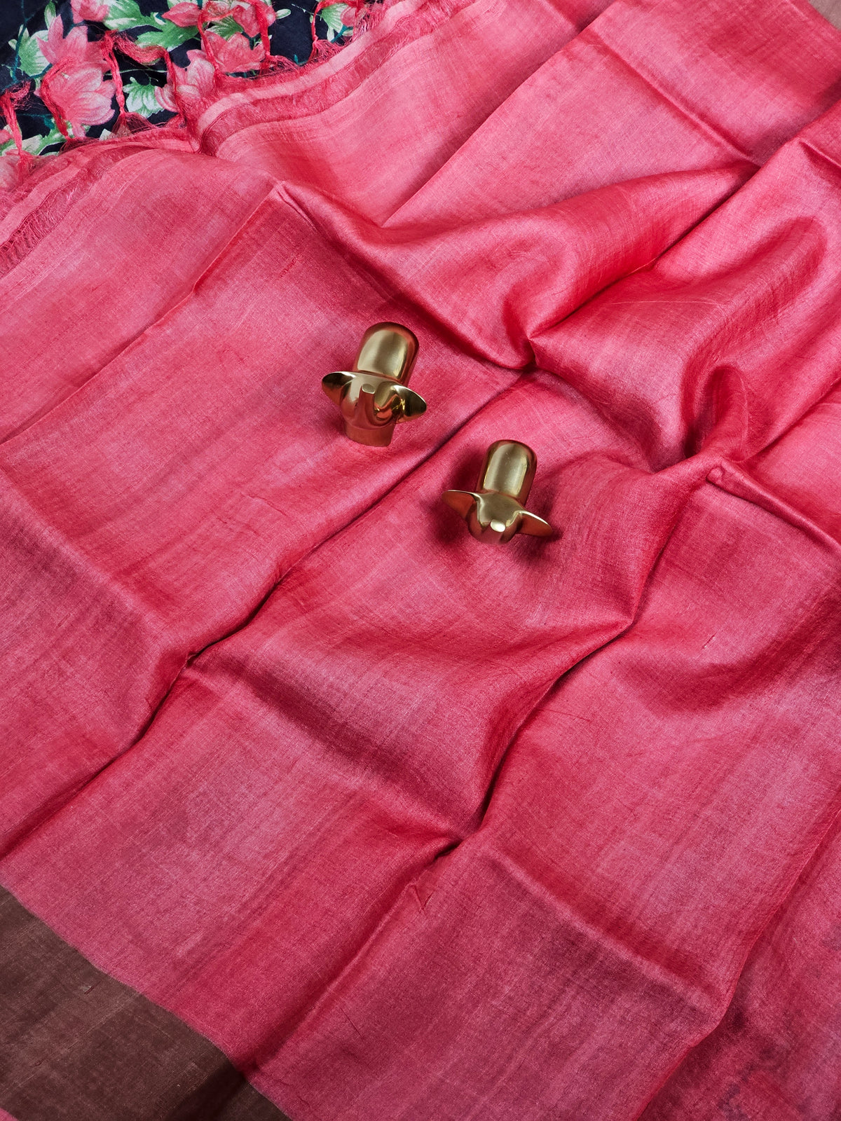 Pure Tussar Silk Saree with Zari Border - Black with Peach