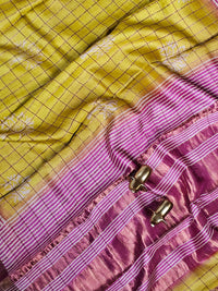 Pure Tussar Checks - Yellow with Pink