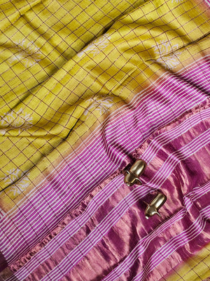 Pure Tussar Checks - Yellow with Pink