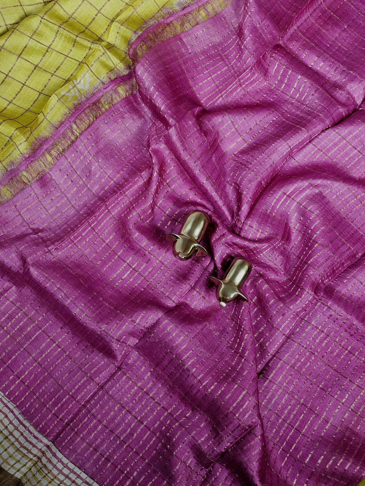 Pure Tussar Checks - Yellow with Pink