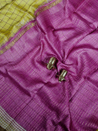 Pure Tussar Checks - Yellow with Pink