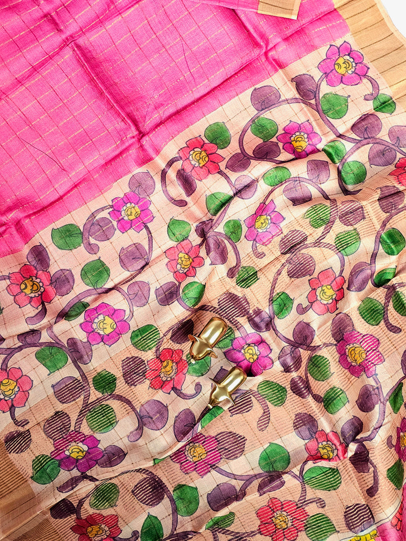 Pure Tussar Checks - Peachish Pink