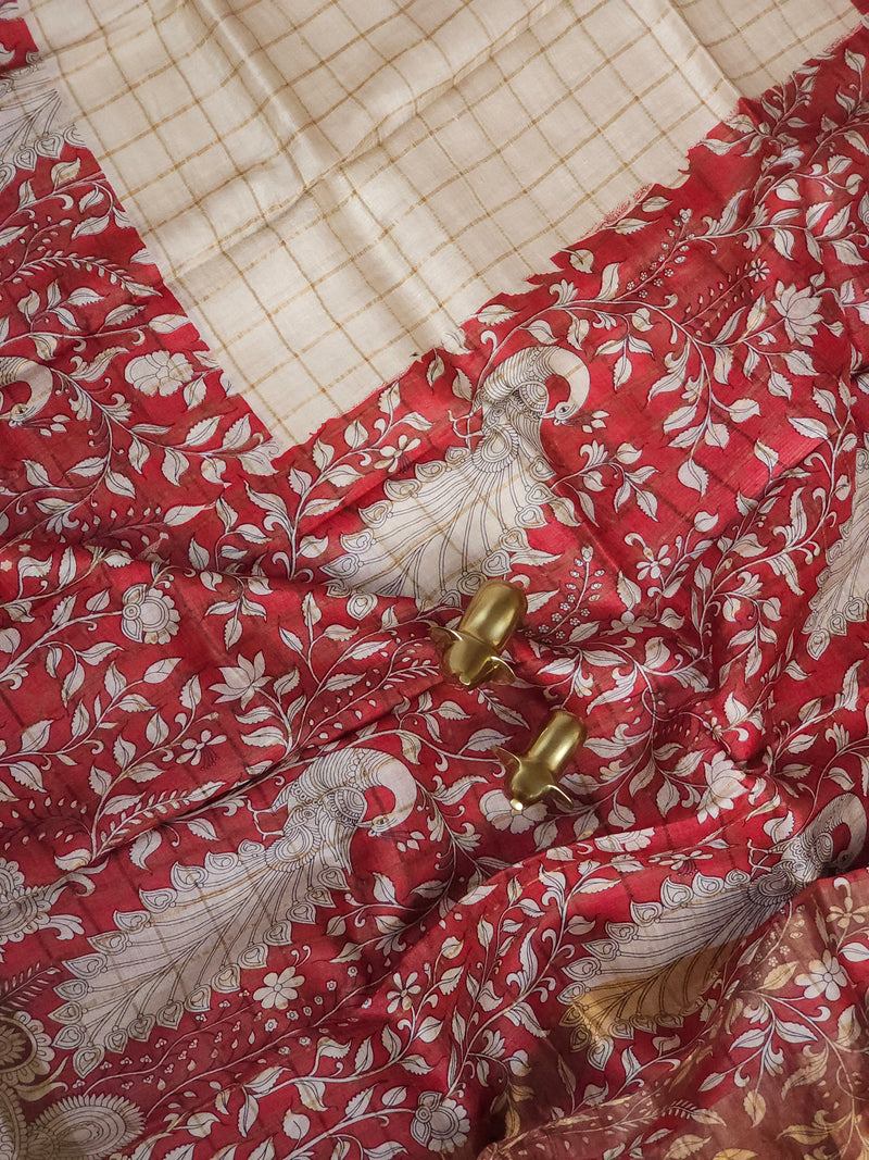Pure Tussar Checks - Cream with Red