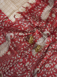 Pure Tussar Checks - Cream with Red