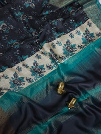 Pure Tussar Silk Saree with Zari Border - Black with Blue