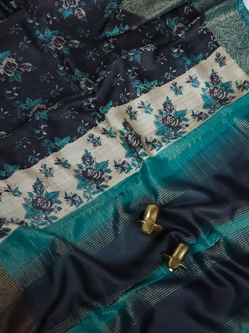 Pure Tussar Silk Saree with Zari Border - Black with Blue