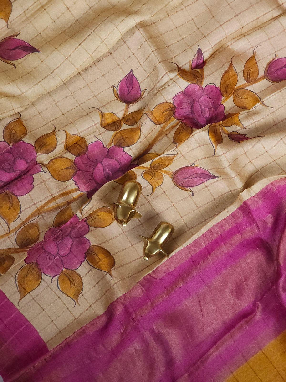 Pure Tussar Silk with Hand Paint - Tussar with Pink