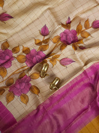 Pure Tussar Silk with Hand Paint - Tussar with Pink