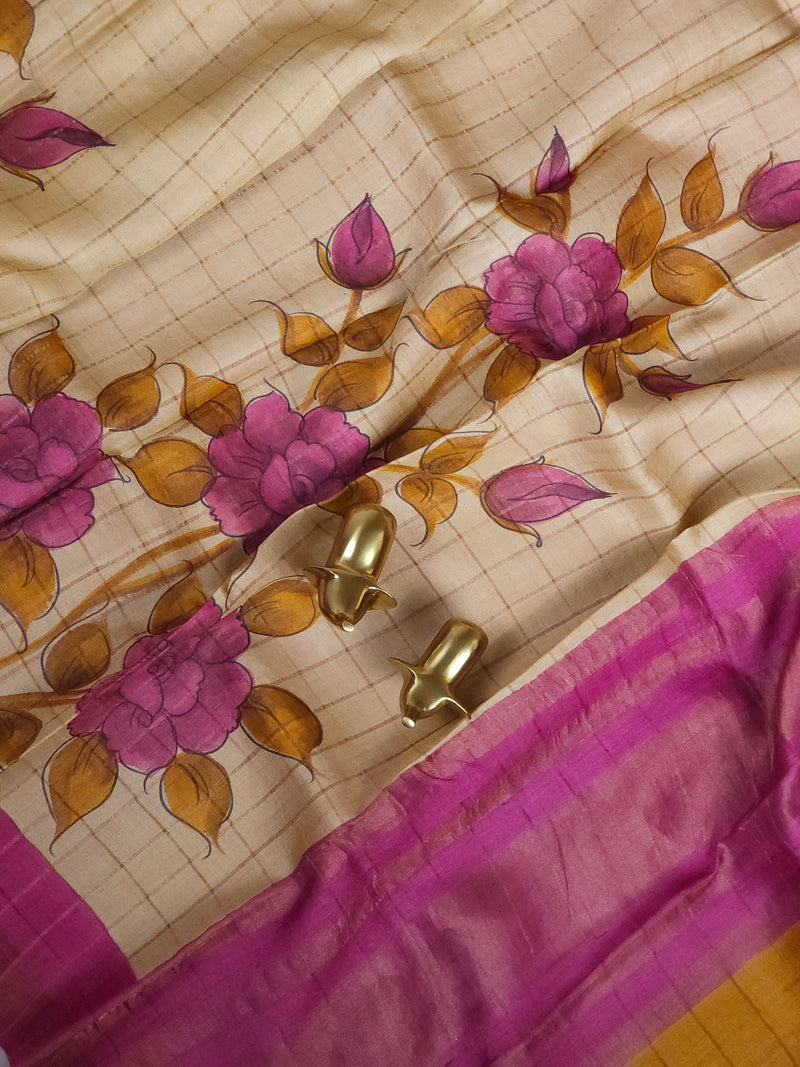 Pure Tussar Silk with Hand Paint - Tussar with Pink