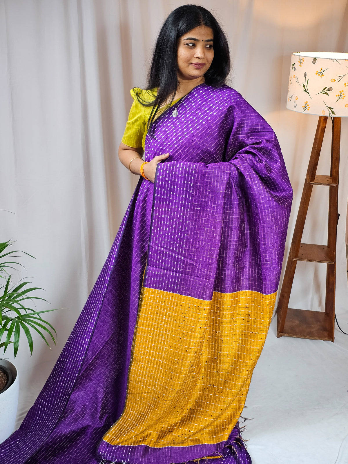 Semi Raw Silk Saree - Purple with Mustard Yellow